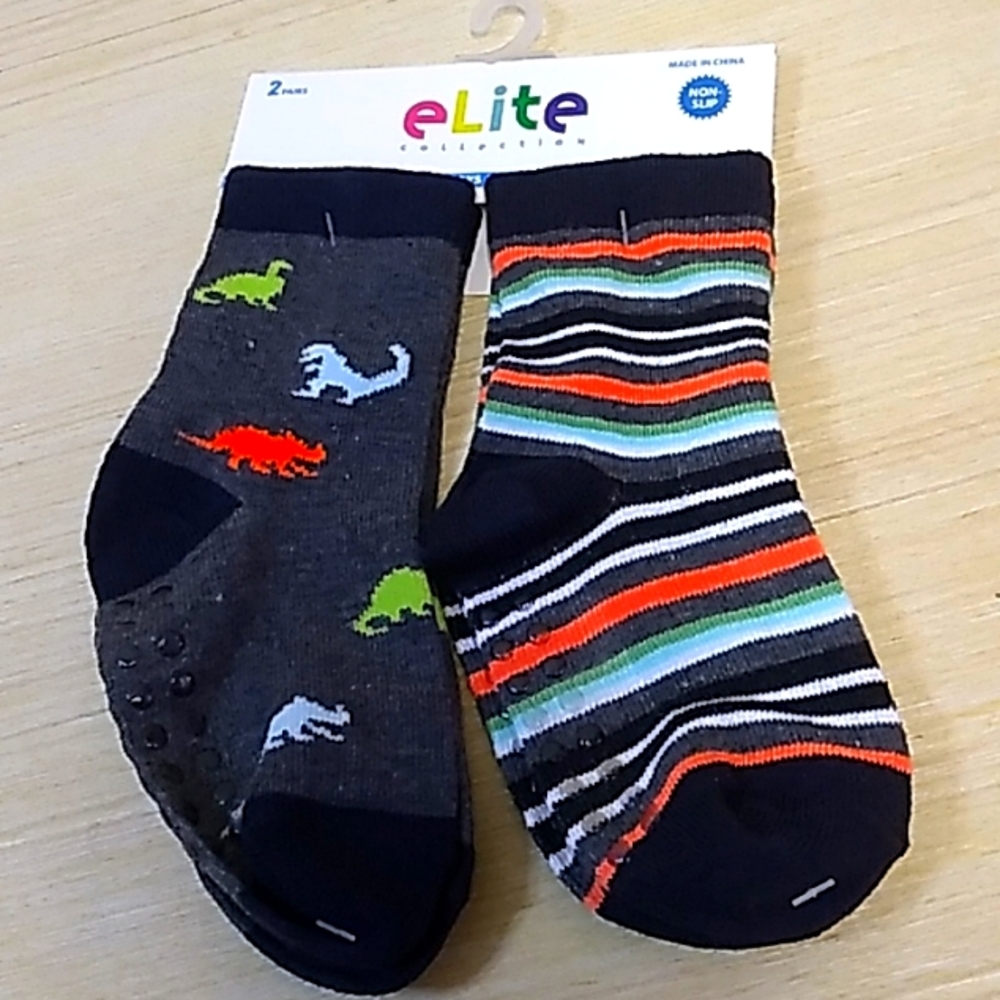 Non slip toddler socks Elite Collection size 12-24 months dinosaur and stripes